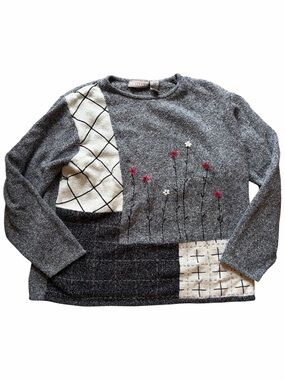 TanJay Grey Floral Patchwork Knit Sweater Long Sleeve Textured Cozy Cottagecore